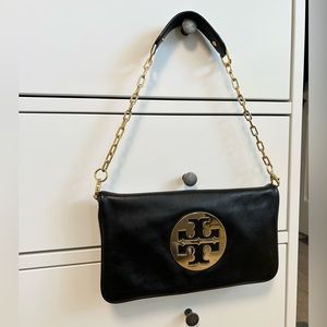 TORY BURCH - Black Leather Bombe Reva Clutch Shoulder Bag NWOT